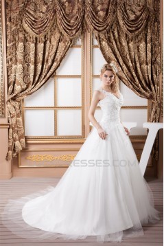 Elegant Sleeveless Straps A-Line Satin Fine Netting Lace Wedding Dresses 2030970