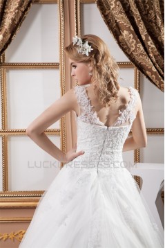 Elegant Sleeveless Straps A-Line Satin Fine Netting Lace Wedding Dresses 2030970
