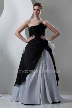 Strapless A-Line Sleeveless Satin Organza Black White Wedding Dresses 2030992
