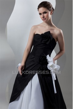 Strapless A-Line Sleeveless Satin Organza Black White Wedding Dresses 2030992