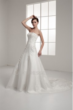 Strapless Satin A-Line Sleeveless Beautiful Beaded Wedding Dresses 2030996
