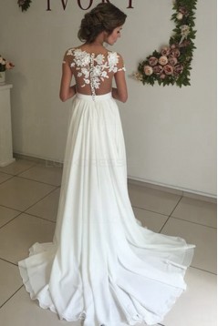 Elegant Illusion Bodice Lace Chiffon Wedding Dresses Bridal Gowns 3030006