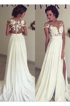 Elegant Illusion Bodice Lace Chiffon Wedding Dresses Bridal Gowns 3030006