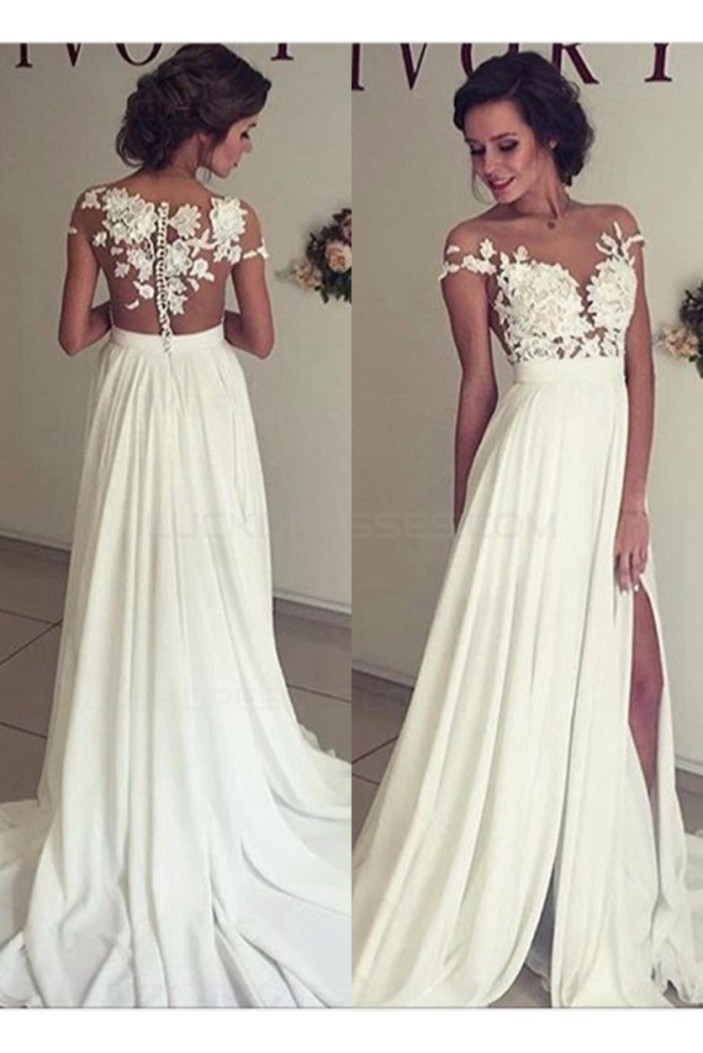Elegant Illusion Bodice Lace Chiffon Wedding Dresses Bridal Gowns 3030006