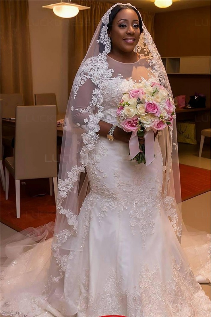 Mermaid 3/4 Length Sleeves Plus Size Lace Wedding Dresses Bridal Gowns 3030053