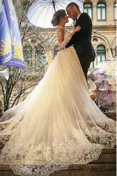 Long Sleeves V-Neck Lace Wedding Dresses Bridal Gowns 3030056