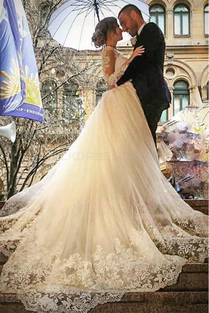 Long Sleeves V-Neck Lace Wedding Dresses Bridal Gowns 3030056