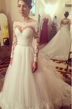 Long Sleeves Off-the-Shoulder Lace Tulle Wedding Dresses Bridal Gowns 3030070