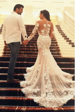 Long Sleeves Lace Sheer Mermaid Wedding Dresses Bridal Gowns 3030087