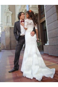 Lace Mermaid Off-the-Shoulder Short Sleeve Wedding Dresses Bridal Gowns 3030092