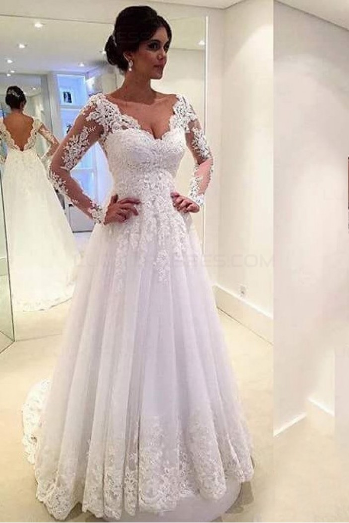 A-Line Long Sleeves Lace V-Neck Wedding Dresses Bridal Gowns 3030095