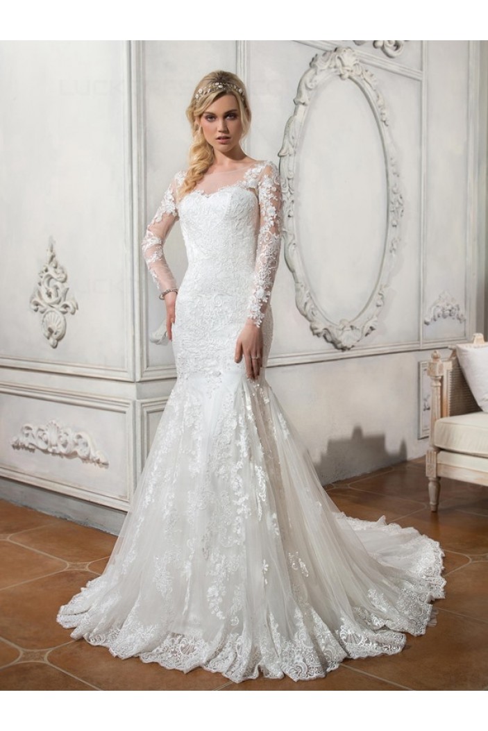 Long Sleeves Mermaid Illusion Neckline Lace Wedding Dresses Bridal Gowns 3030112
