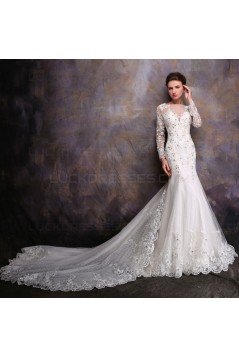 Long Sleeves Crystal Mermaid Lace Wedding Dresses Bridal Gowns 3030165