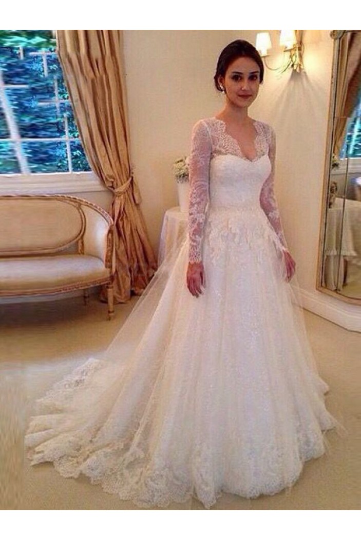 Long Sleeves V-Neck Lace Wedding Dresses Bridal Gowns 3030185