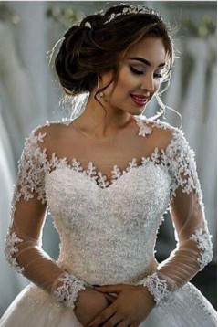 Long Sleeves Illusion Neckline Lace Wedding Dresses Bridal Gowns 3030214