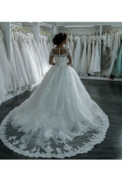 Long Sleeves Illusion Neckline Lace Wedding Dresses Bridal Gowns 3030214