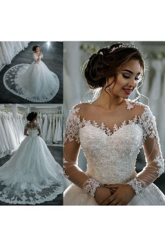 Long Sleeves Illusion Neckline Lace Wedding Dresses Bridal Gowns 3030214