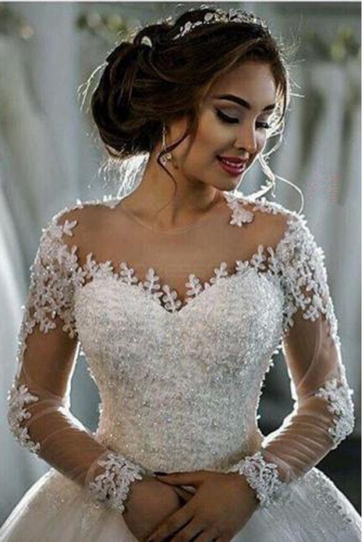Long Sleeves Illusion Neckline Lace Wedding Dresses Bridal Gowns 3030214