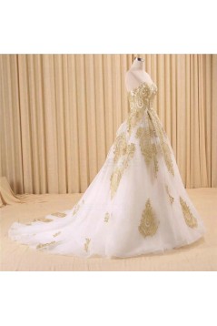 A-Line Sweetheart Gold Lace Appliques Wedding Dresses Bridal Gowns 3030216