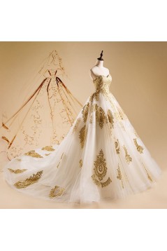 A-Line Sweetheart Gold Lace Appliques Wedding Dresses Bridal Gowns 3030237