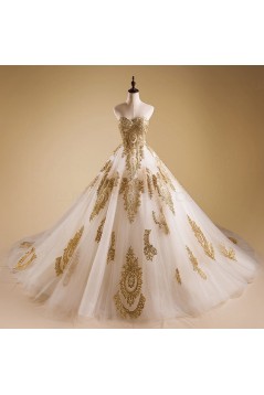 A-Line Sweetheart Gold Lace Appliques Wedding Dresses Bridal Gowns 3030237