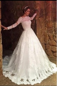 A-Line Long Sleeves Off-the-Shoulder Lace Wedding Dresses Bridal Gowns 3030252