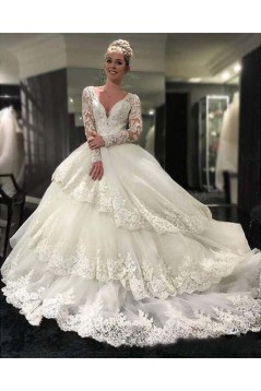 Long Sleeves Lace V-Neck Keyhole Back Wedding Dresses Bridal Gowns 3030258