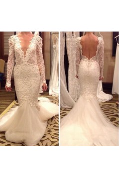 Sexy Long Sleeves Low V-Neck Open Back Wedding Dresses Bridal Gowns 3030260