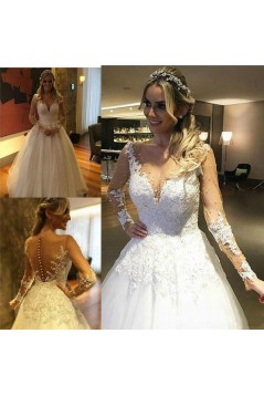 A-Line Long Sleeves Lace Sheer Wedding Dresses Bridal Gowns 3030262