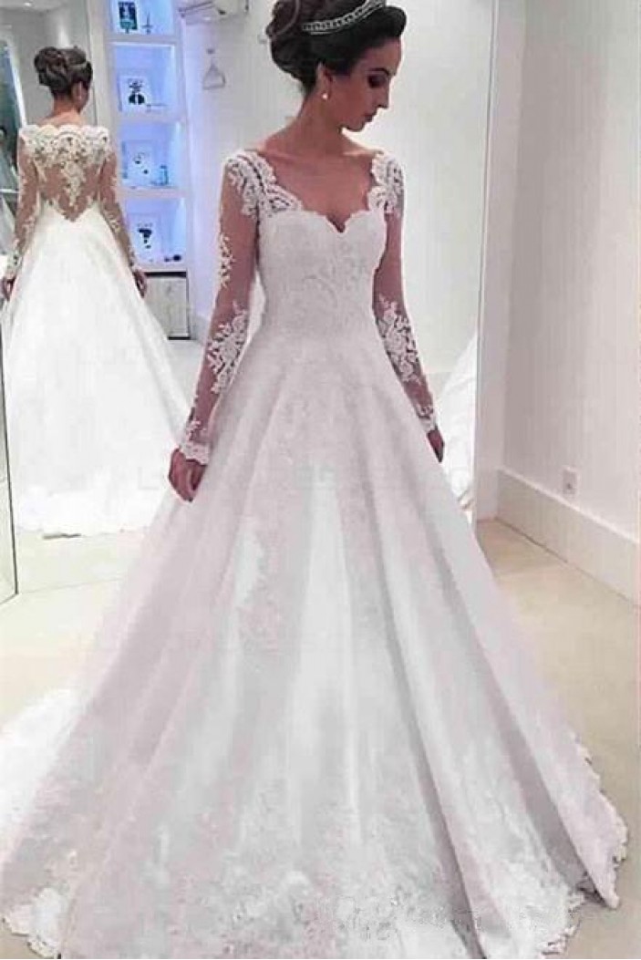 A-Line Long Sleeves Lace Wedding Dresses Bridal Gowns 3030273
