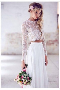 Long Sleeves Lace Chiffon Two Pieces Wedding Dresses Bridal Gowns 3030274