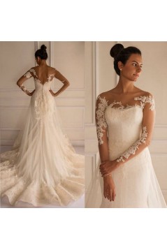 Long Sleeves Lace Mermaid Illusion Bodice Wedding Dresses Bridal Gowns 3030294