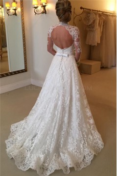 High Neck Long Sleeves Lace Keyhole Back Wedding Dresses Bridal Gowns 3030306