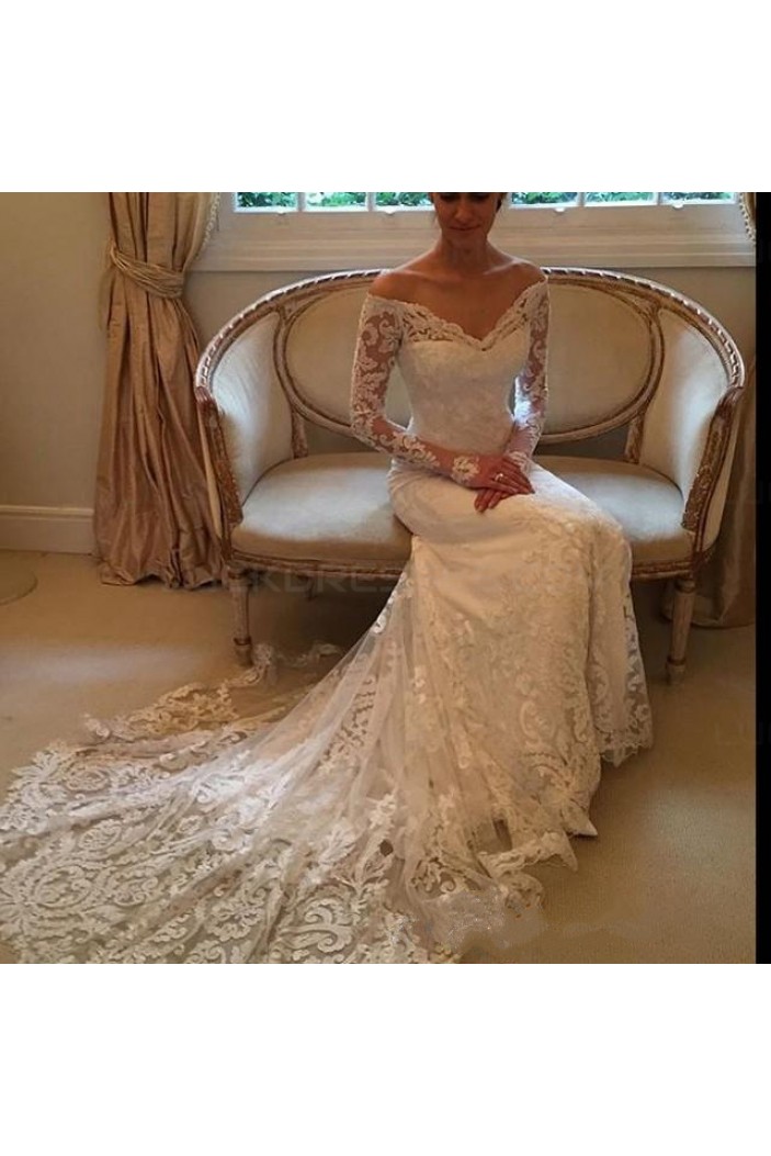 Lace Long Sleeves Off-the-Shoulder V-Neck Mermaid Wedding Dresses Bridal Gowns 3030312