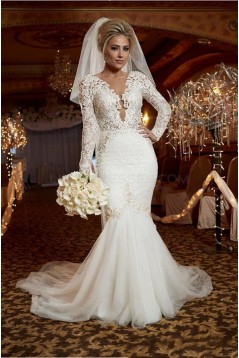 Sexy Mermaid Long Sleeves Lace Wedding Dresses Bridal Gowns 3030321